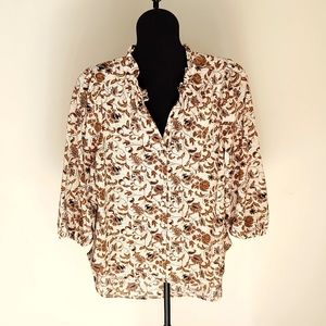 Melloday, buttoned down blouse, size large, cream and brown floral, 3/4 sleeve.